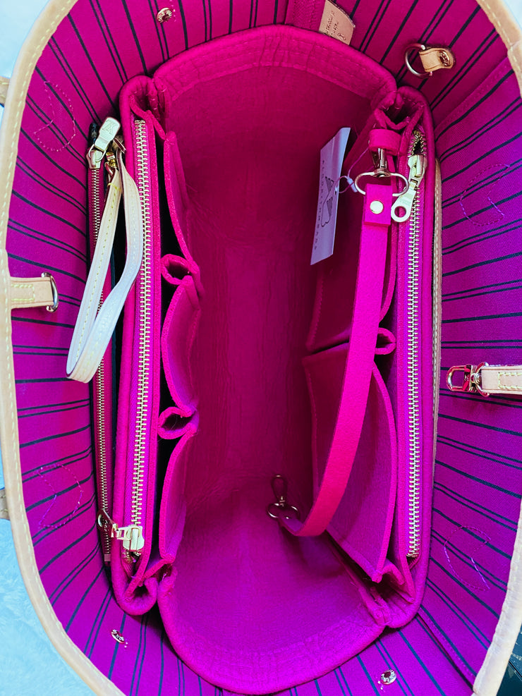 Going Fast! Neverfull MM LV Purse Organizer Insert with Zippers Peony Fuchsia Pivoine, for Louis Vuitton, 3mm Felt, Only @AlgorithmBags®