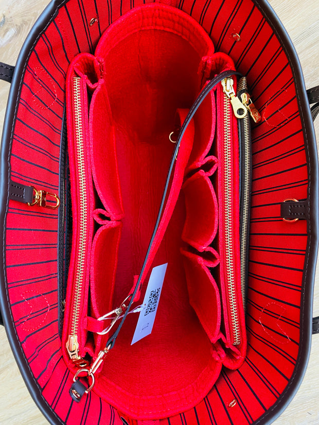 Louis Vuitton LV Neverfull organizer purse tote insert liner cherry red thief proof zip zippers LV Louis Vuitton AlgorithmBags luxury purse organizer