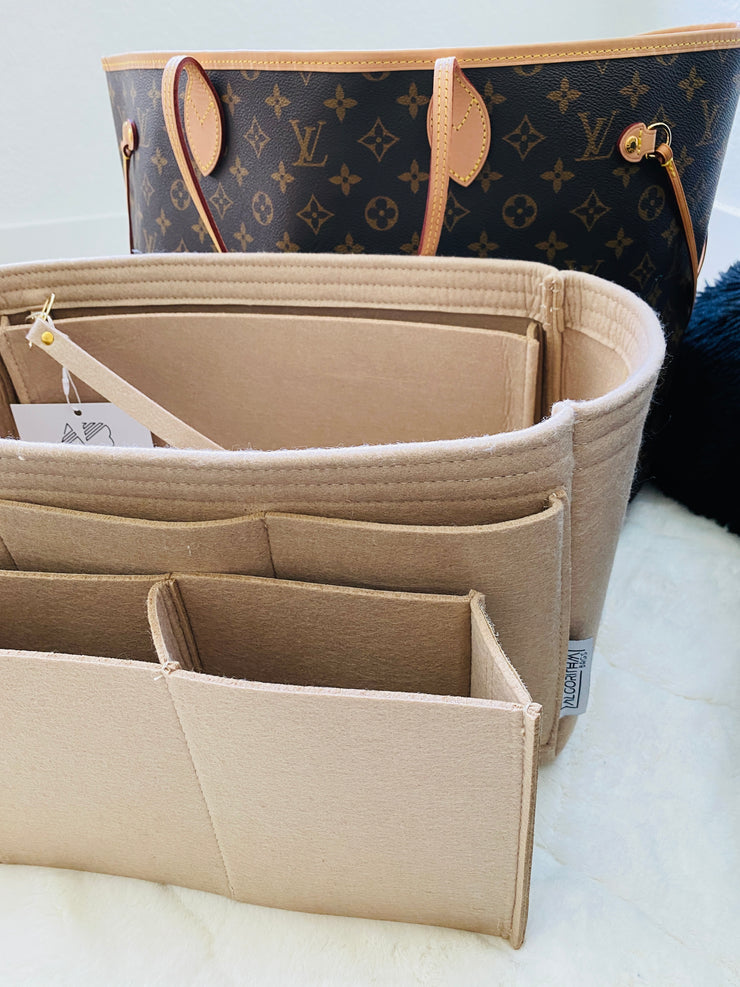 New! LV Neverfull NF Organizer Insert Liner Shaper Divider Protector with detachable middle compartment for water bottles and key clip keepers Only @AlgorithmBags® for Louis Vuitton