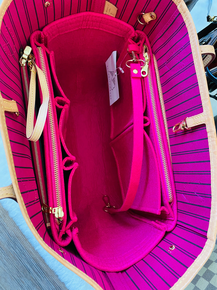Exclusive design for louis vuitton lv neverfull gm mm purse organizer insert zip zipper 3mm felt liner shaper divider protector keyring key Peony Pivoine Fuchsia AlgorithmBags