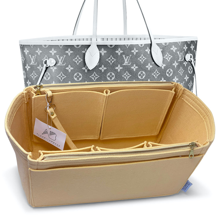 louis vuitton lv neverfull purse organizer insert with zippers yellow tan beige monogram 3mm felt liner shaper divider protector keyring key fob logo AlgorithmBags design 