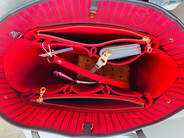 Louis Vuitton LV Neverfull organizer purse tote insert liner cherry red thief proof zip zippers LV Louis Vuitton AlgorithmBags luxury purse organizer