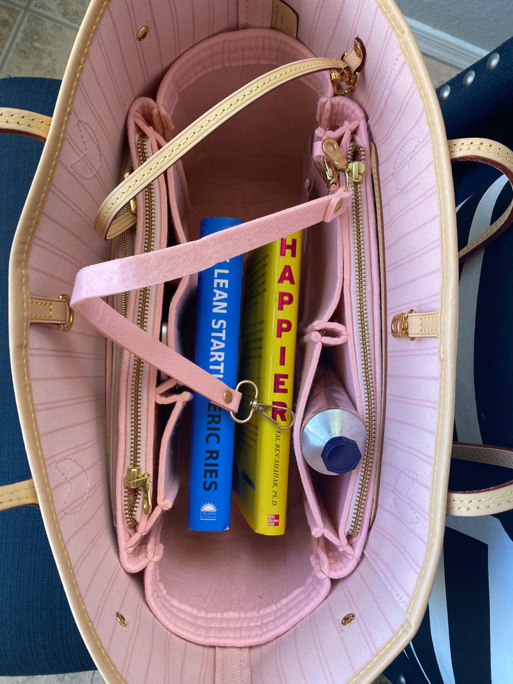 Louis Vuitton LV Neverfull organizer purse tote insert liner thief proof zip zippers LV Louis Vuitton AlgorithmBags luxury purse organizer Rose Ballerine Pink