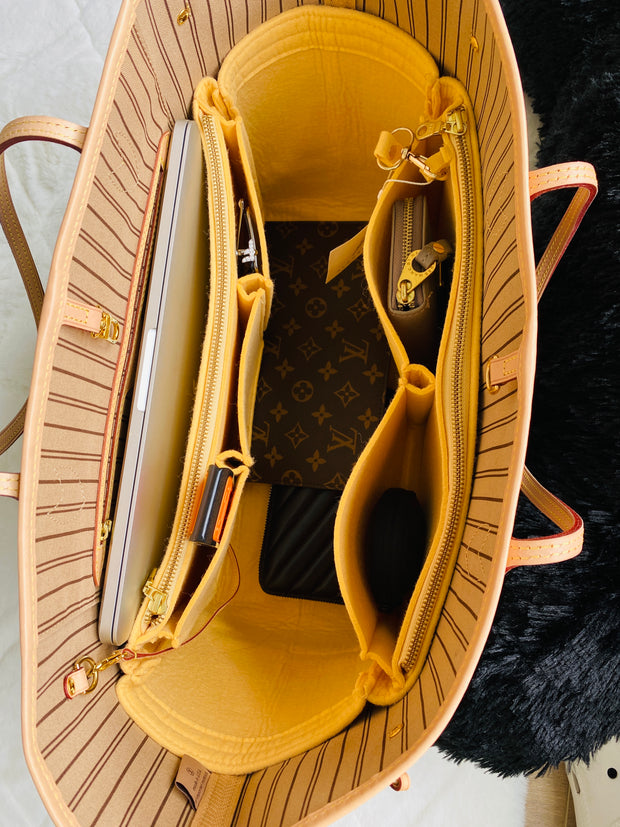 Louis Vuitton LV Neverfull organizer purse tote insert liner Tan Beige thief proof zip zippers LV Louis Vuitton AlgorithmBags luxury purse organizer