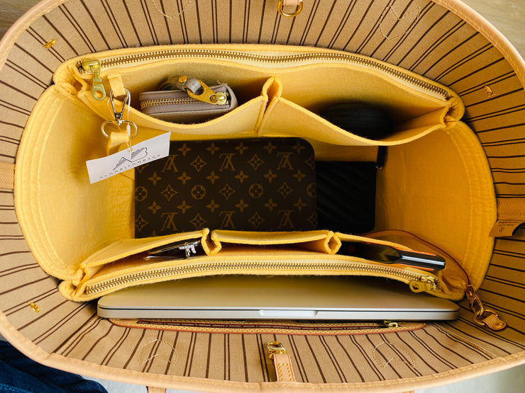 Louis Vuitton LV Neverfull organizer purse tote insert liner Tan Beige thief proof zip zippers LV Louis Vuitton AlgorithmBags luxury purse organizer